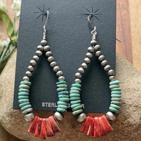 Sterling Silver Turquoise Spiny Oyster Pearls Bead Loop Hoop Earrings. 3 Inch - Picture 1 of 12